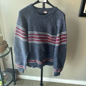 Men's Handmade Crewneck Sweater - Grey Red & White Accent